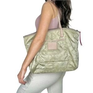Coach Large Signature Tote in Light Olive with Pink Trim